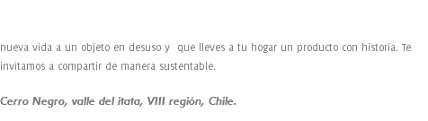  nueva vida a un objeto en desuso y que lleves a tu hogar un producto con historia. Te invitamos a compartir de manera sustentable. Cerro Negro, valle del itata, VIII región, Chile.