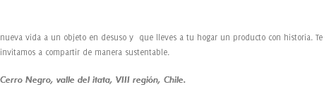  nueva vida a un objeto en desuso y que lleves a tu hogar un producto con historia. Te invitamos a compartir de manera sustentable. Cerro Negro, valle del itata, VIII región, Chile.