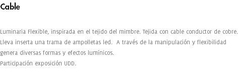 Cable Luminaria Flexible, inspirada en el tejido del mimbre. Tejida con cable conductor de cobre. Lleva inserta una trama de ampolletas led. A través de la manipulación y flexibilidad genera diversas formas y efectos lumínicos. Participación exposición UDD. 